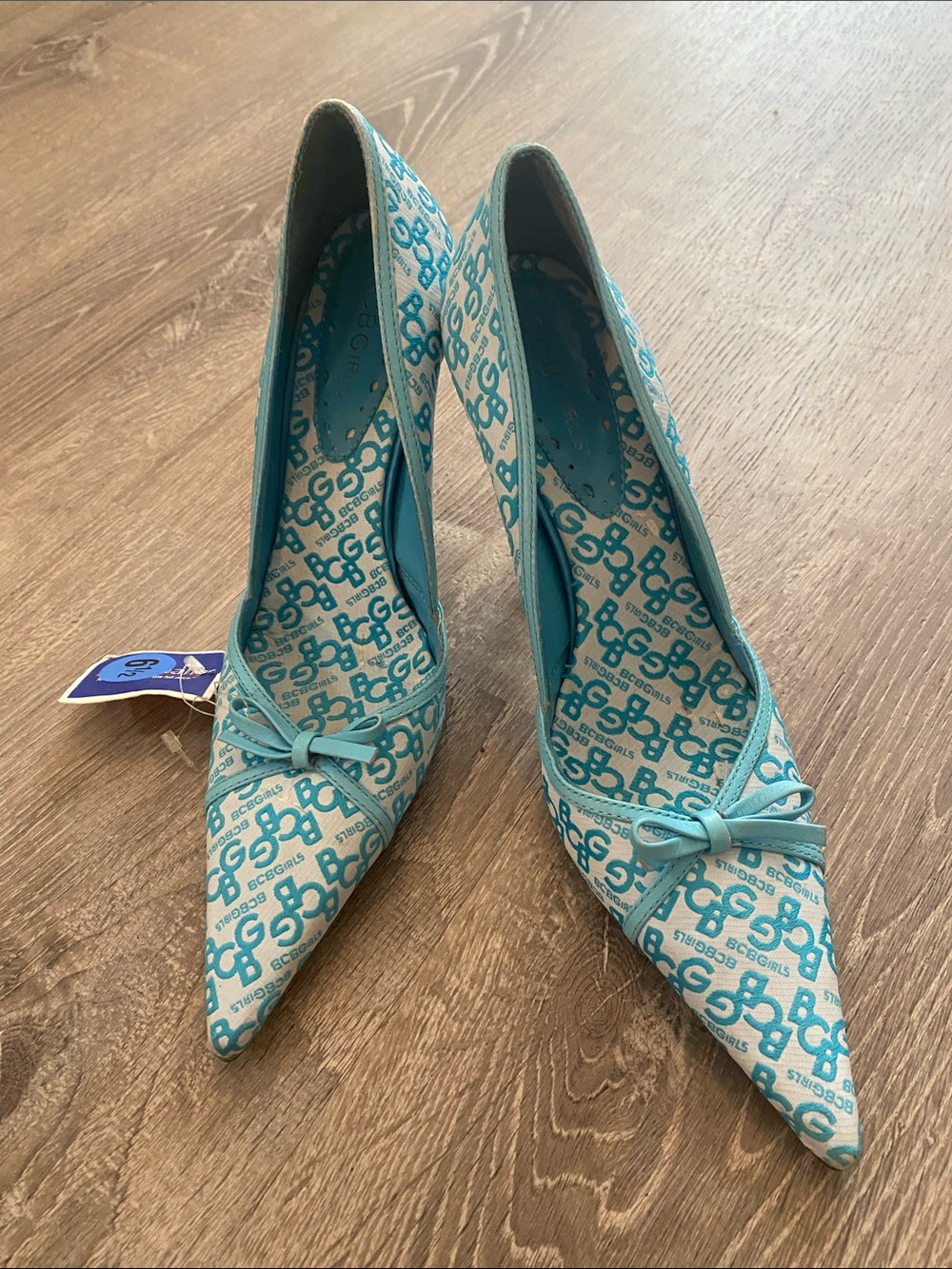 BCBG Teal Logo-Print Pointed Toe Pumps with Bow
